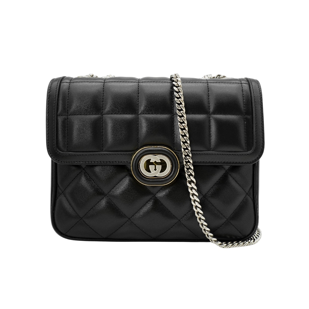 Gucci 展示品 Deco 牛皮方格拼菱格銀釦掀蓋練包-小(740834-黑)