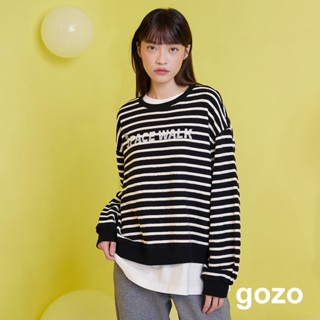 【gozo】Ada太空漫步條紋毛圈大學T(黑色/深咖 F) | 女裝 圓領 百搭