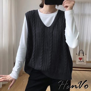 【HanVo】直紋甜美麻花秋冬針織背心 質感寬鬆百搭風格 韓系女裝 女生衣著 A07-4538