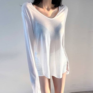 M-3XL大碼防曬衫 性感V領 寬鬆 遮肉 薄款 休閒長袖 T恤女 防曬衫 上衣 大尺碼女生上衣 V領顯瘦長袖 性感長袖