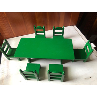 ✤鳩日堂 絕版早期 森林家族 早期綠色傢俱 餐桌 長桌 含椅子x6 娃娃屋 家家酒 玩具