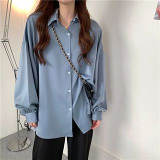 【現貨/快速出貨】春秋新品韓版復古風長袖襯衫中長款上衣霧藍色襯衫寬鬆長袖慵懶風薄長袖女生襯衫女生長袖女生上衣