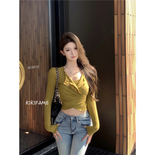 KIKIFAME🤍韓系質感·三色 假兩件翻領褶皺長袖上衣 長袖t恤 短版上衣 翻領上衣 合身上衣 不規則上衣 百搭上衣