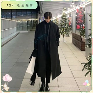 （韓國代購）韓版百搭中長款風衣 過膝英倫風毛呢 大衣 寬鬆外套 風衣外套 毛呢大衣 長版大衣 外套男 大衣外套 男大衣