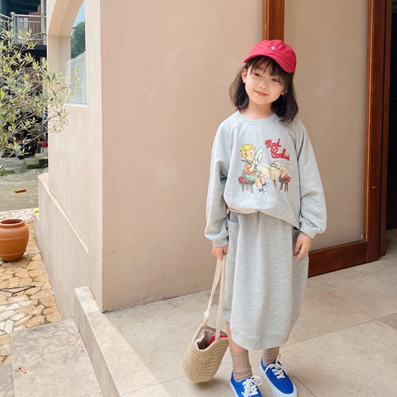 童趣貼畫長袖上衣+半身裙套裝 大童 衛衣 裙子 圓裙 中長裙 女童 童裝 兒童 橘魔法 現貨【BB6953】