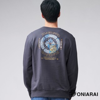 BLUE WAY 鬼洗 ONIARAI - 男款 日式花布鬼頭繡花長TEE(深灰)