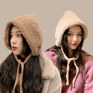 現貨-ins秋冬加厚防風護耳綁帶羊羔毛帽子女蘿莉軟妹可愛百搭保暖耳罩毛帽雷鋒帽羊羔毛