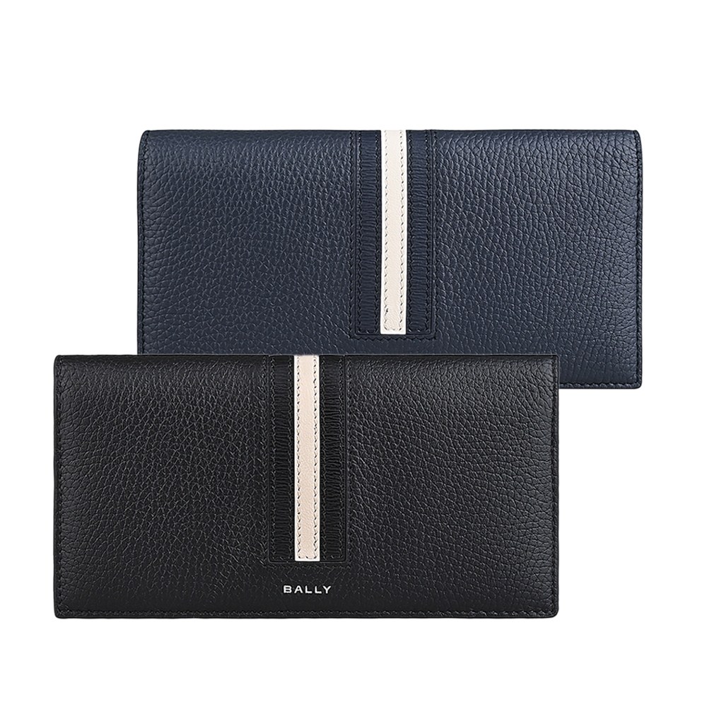 BALLY Ribbon 燙銀LOGO雙色條紋設計小牛皮8卡對折長夾(黑)