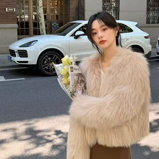 FUXI 環保皮草外套女 短版毛毛外套 仿狐狸毛外套 託卡外套 韓版毛絨外套 氣質短板外套 保暖外套 女裝 衣服