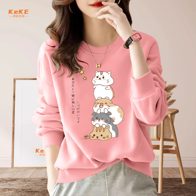 S-4XL 貓米印花大學T 圓領 黑色 灰色 白色 粉色 顯瘦衛衣 大尺碼 寬鬆大學T秋冬刷毛衛衣 D0025A