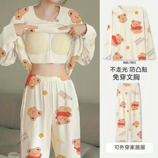 【臺灣出貨】秋冬季 兩件套裝 帶胸墊 一體睡衣 胸墊 睡衣 女春秋款 外穿薄款 女學生 卡通家居服 睡衣 大碼睡衣 睡衣