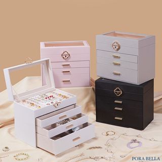 <Porabella>新款超大容量質感皮革首飾盒 精美透明翻蓋四層首飾盒 飾品收納盒 絨布盒飾品盒 戒指項鍊耳環耳夾收納