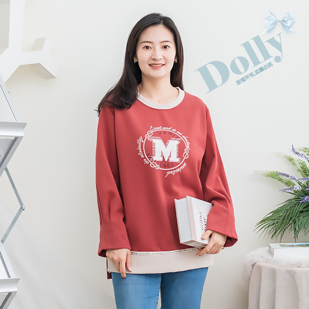 Dolly多莉大碼專賣店 台灣現貨  大尺碼厚磅棉M圖撞色羅紋袖造型T(橘粉色)753