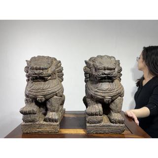 【阿一藝品】澄泥料【獅鎮守】公母對 瑞獅戲球 辟邪化煞 莊嚴安詳 居家風水開運擺件 穩如泰山 早期收藏品 G63