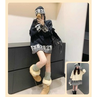 毛帽+圖騰毛衣【825】秋冬新款韓系INS修身顯瘦氣質純欲可愛性感辣妹圓領長袖針織長版遮屁股針織毛衣 秋冬上衣 長版上衣