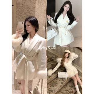 冬季熱款♥️白色設計感翻領毛呢外套/冬季系帶收腰中長款上衣