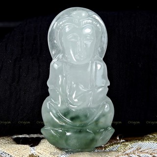 珍珠林~蓮座淨瓶觀音玉珮~緬甸冰種翡翠飄綠 #878