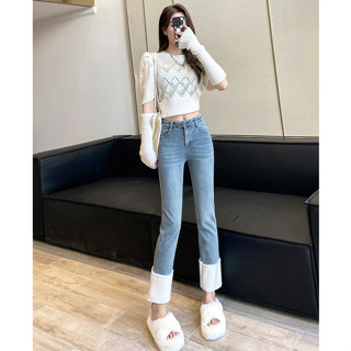 【YOYO】淺色 大尺碼 高腰褲 直筒褲 牛仔褲 女 秋冬 2024新款 加絨 加厚 小個子 拼接 九分 煙管褲