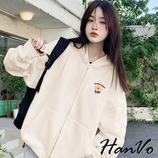 【HanVo】黃色小花加絨連帽外套 保暖百搭寬鬆拉鍊外套 韓系女裝 女生衣著 A07-4551