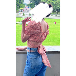 Double H 公主泡泡袖短版上衣 後綁帶蝴蝶結🎀橘色格紋 小眾不撞衫 y2k可拉一字領 方領桃心領 性感 夏季 縮口
