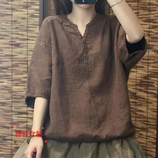 新款寬松百搭五分袖夏季薄款透氣法式小眾富婆襯衫棉麻上衣女 短袖襯衫 大尺碼女裝 短袖上衣 夏季女裝 氣質上衣 韓版襯衫