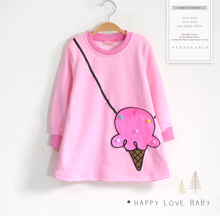 🍎台中蘋果童裝 ⚡現貨 厚款 立體彩球冰淇淋口袋不倒絨長版上衣 秋冬童裝 女童上衣 女童長袖 女童棉T 長版上衣 連身裙