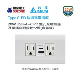 【樹榮電工SUZONE】20W USB A+C PD充電插座及單插*2/台達電子 Type C 快充插座/星光蓋板