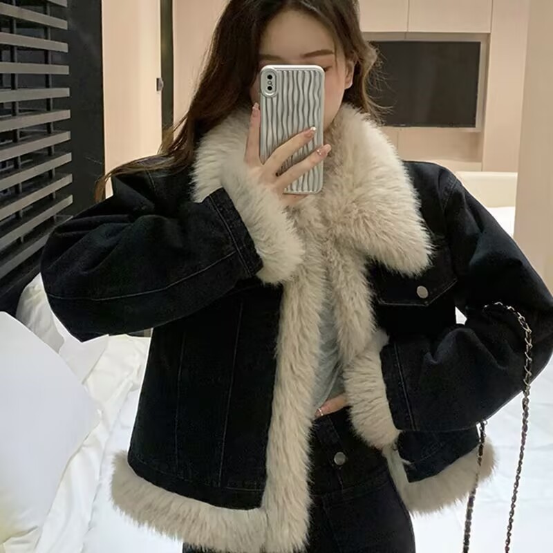 FUXI 黑色牛仔外套女 加絨加厚仿狐狸毛拼接牛仔外套 內刷毛外套 毛絨外套 毛毛外套 短版長袖外套 女裝 衣服