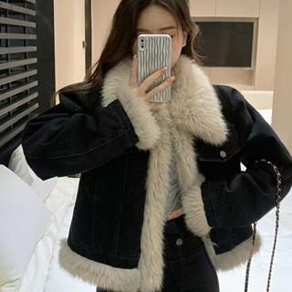 FUXI 黑色牛仔外套女 加絨加厚仿狐狸毛拼接牛仔外套 內刷毛外套 毛絨外套 毛毛外套 短版長袖外套 女裝 衣服