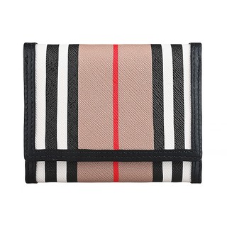 BURBERRY LANCASTER內裡燙金LOGO直線條設計塗層帆布搭牛皮邊飾6卡三折釦短夾(經典米x黑)