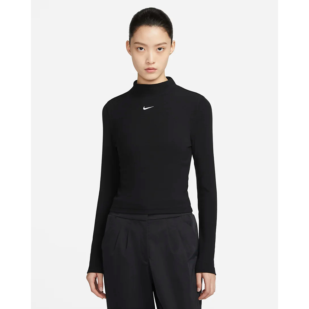 【EAT-SHOE】NIKE NSW 黑色 緊身 刺繡LOGO 螺紋 薄長袖 女款 DV7881-010