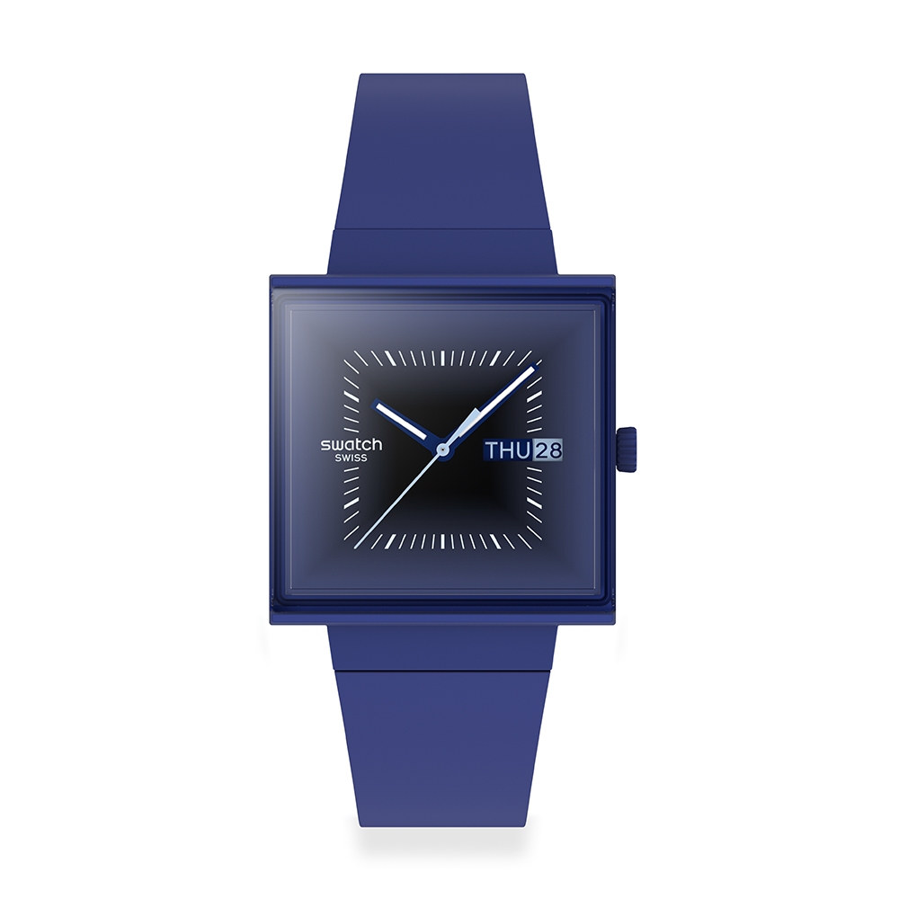 【SWATCH】Gent 原創手錶 SQUARELY BLACKLIGHT 方形錶 藍 (33mm) SO34N700