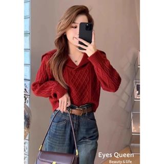 [Eyes Queen] 現貨 大翻領復古毛衣 秋冬海軍領長袖針織上衣 復古麻花針織衫
