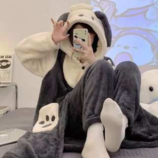 卡通帕恰狗連帽睡衣 珊瑚絨睡衣 加厚家居服