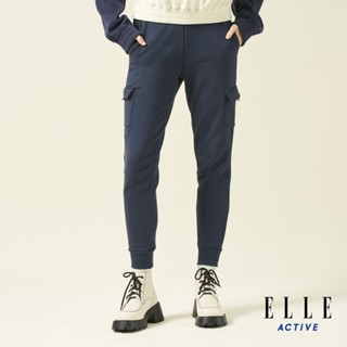 【ELLE ACTIVE】 女款棉質舒適多口袋針織束口運動長褲 深藍色-EA24A2W340239