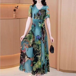 洋氣短袖洋裝|中年媽媽裝洋裝|民族風蕾絲洋裝|夏季女裝連衣裙|洋氣印花V領修身連衣裙媽媽裝洋裝大碼女裝 阿嬤衣服