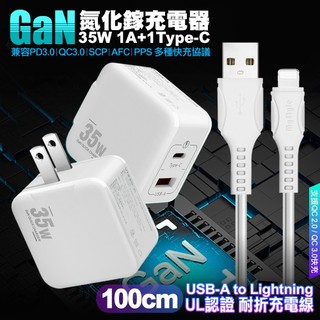 VOORCA精裝1C+1A孔35W氮化鎵充電器+MyStyle 國際UL認證線 USB to L 快充線1m