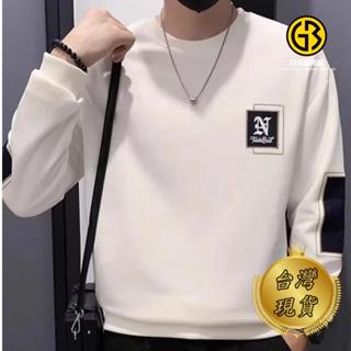 GB男裝 臺灣現貨 長袖男 白色衛衣男生春秋款潮牌圓領無帽拼接上衣新款秋裝外套高階感