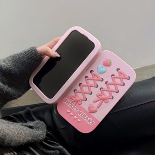 韓系高階感蝴蝶結愛心草莓適用iPhone15手機殼16promax少女心14pro翻蓋化妝鏡子13pro矽膠防摔保護套新