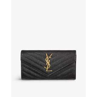 YSL 聖羅蘭MONOGRAM系列V字縫線魚子醬牛皮金屬LOGO暗釦長夾/手拿包