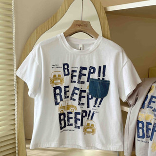 24251｜2025春夏新款｜90-140｜BEEP牛仔貼袋T｜白色上衣｜香水娜娜童裝｜帥氣｜男童｜中性款