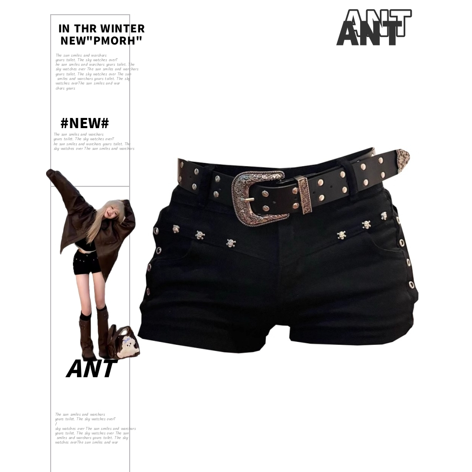 【ANT】黑色辣妹低腰顯瘦牛仔熱褲女 短褲 熱褲 牛仔褲 低腰牛仔褲 牛仔短褲 包臀 黑色短褲 美式 低腰短褲 短褲牛仔