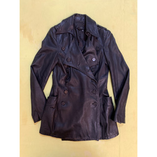 🌈ZARA 西裝翻領風衣領兩用 鈕扣式 黑色 明星款長版風衣真皮外套🚴小羊皮外套 🐏二手真皮羊皮外套