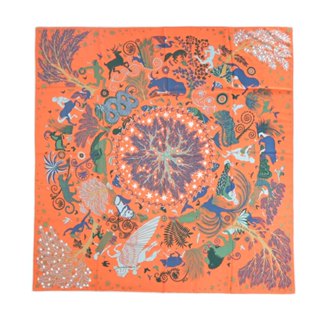 Hermes 愛馬仕 Sous le Charme d'Orphee 140 手工捲邊喀什米爾與真絲混紡方巾(橘/綠/藍