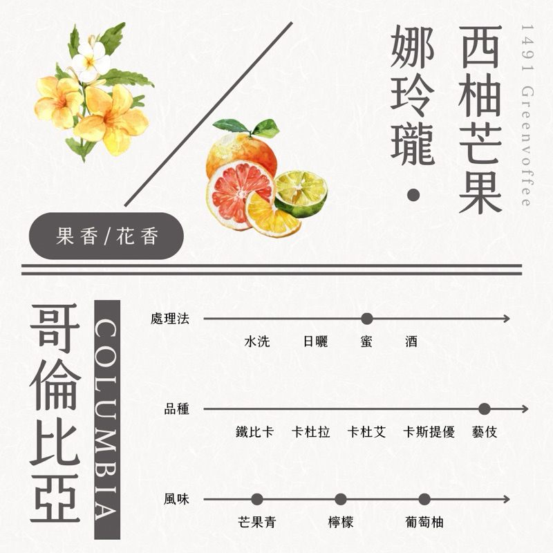 哥倫比亞 娜玲瓏 西柚芒果🥭 藝伎 藝妓  生豆500克 大量批發 店家合作零售 精品咖啡豆 代烘服務 灰焉國際