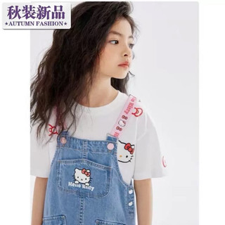 2025女童洋裝kitty貓咪印花休閒牛仔背帶 吊帶裙