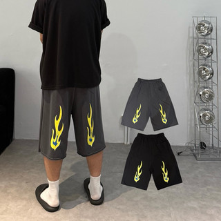 【APPAREL DESIGN】後火焰圖案重磅棉短褲｜不收邊六分褲