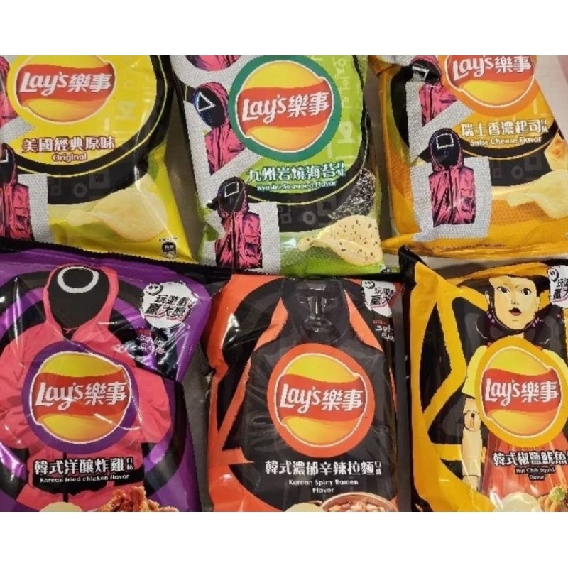 Lay's 樂事 魷魚遊戲限量包裝 收藏用 韓式洋釀炸雞 韓式濃郁辛辣拉麵 韓式椒鹽魷魚 原味 海苔 起司 干貝 湖鹽