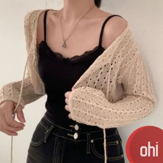 【ohi】系帶蝴蝶結縷空寬鬆長袖防曬衫 針織開衫 罩衫 防曬衫 外套 小外套 開衫外套 女上衣 女裝 GWH2215
