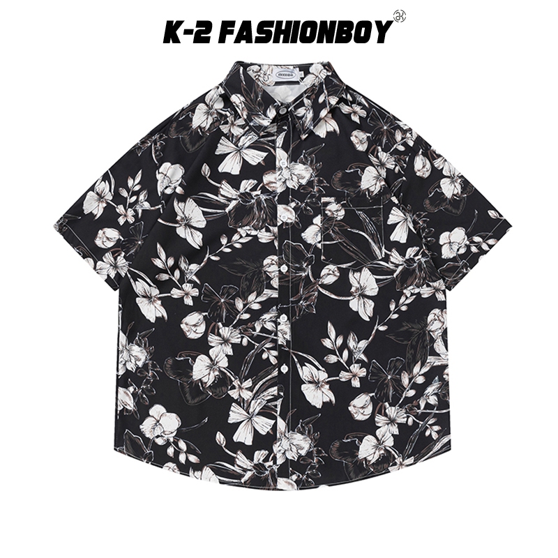 【K-2】黑底 花襯衫 浪子 穿搭 滿版 花朵 白花 短袖襯衫 春夏 舒適 度假 出國 旅遊 穿搭【J3662】